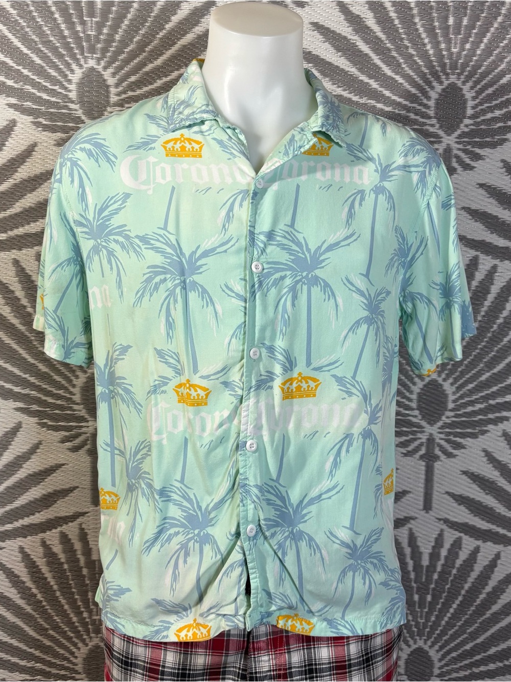 Corona Extra Hawaiian Shirt Mens Small Mint Green Palm Tree Rayon Button Up